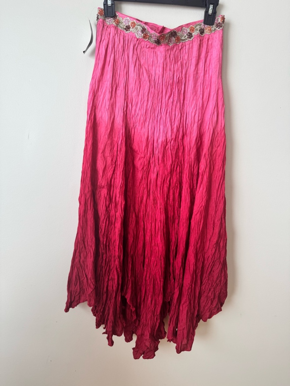 Fuchsia Ombre Crinkled Maxi Skirt with Embroidered/Beaded Waist